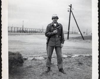 Vintage Snapshot Photo USAF Air Policeman Holding Pistol 1950's, Original Found Photo, Vernacular Photography