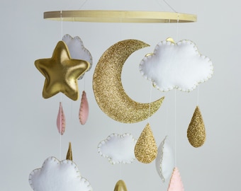 Baby Mobile - Baby Girl Mobile - Pink and Gold Nursery - Cloud Mobile - Stars Mobile - Gold and Pink Decor - Baby Crib Mobile
