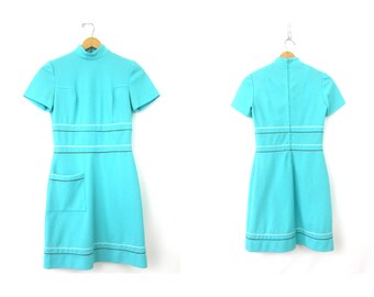 1960s Dress Aqua Green Blue MOD Dress Vintage 1970s High Neck Short Sleeve Stewardess Retro Waitress Dress Women's Size Medium