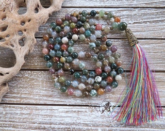 Mala beads Necklace Protection Indian Agate beads mala necklace, hand knotted mala Crystal healing Agate meditation gemstone 108 Mala beads