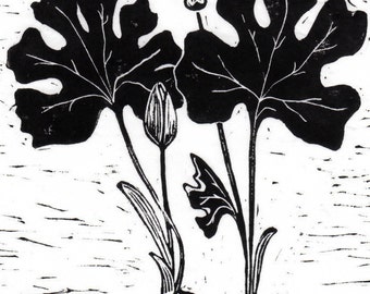 Hand printed lino block print "Blood Root"