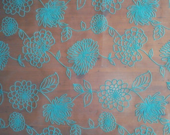 Vintage Deep Turquoise Flocked Fabric - 1990's Turquoise Blue Nylon Organza Flock Flocking Floral Flower Fabric - '90's Flowers Blue Fabric