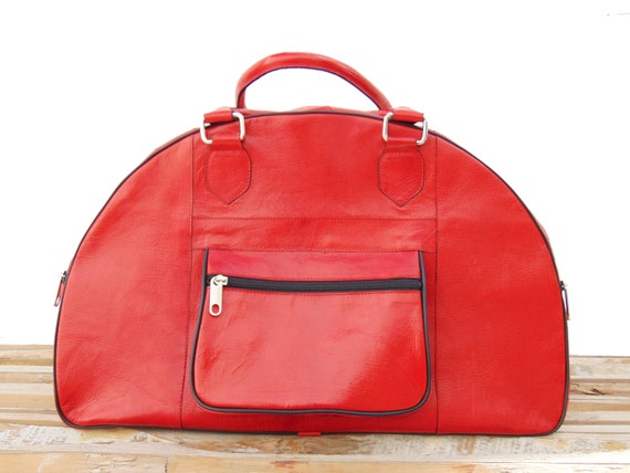 Red Womens Leather Travel Weekender Bag / Duffel Overnight