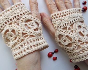 Crocheted Cotton Gloves L Ready To Ship Victorian Fingerless Summer Women Wedding Lace Evening Hand Knitted Party Opera Ivory Corset B94