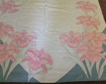 Vintage Vera Tablecloth Pink Flowers Blue Pink and White Tablecloth Floral Tablecloth