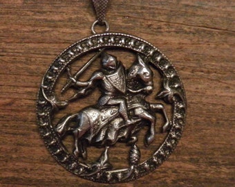 French vintage silver plated religious medal pendant : Saint Joan of Arc on horse and armor.1.64"