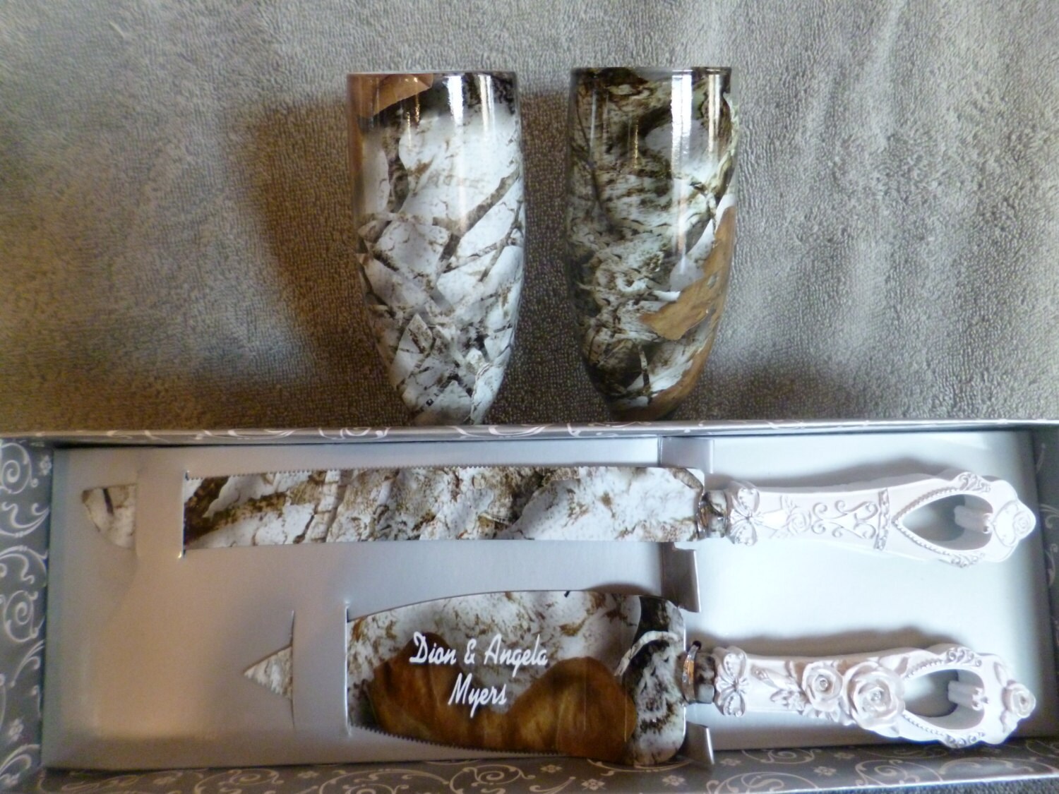 Camo Wedding Champagne Glasses And Serving Set For Rustic Camo Wedding Champagne Glasses And Serving Set For Rustic
