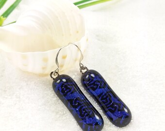 Dichroic glass jewelry, Statement earrings, Handmade fused glass gifts, bold style earrings, Hana Sakura, Dichroic glass, glass fusion, blue