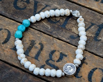 Thai Silver Peace Sign & Turquoise Bracelet