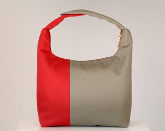 Women Lunch Bag, Insulated Lunch Bag, Two Tone Small Purse, Work Lunch Bag, Reusable Lunch Tote-Red Taupe Colorblock