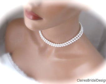 Double Strand Pearl Bridal Necklace Pearl Jewelry Handmade Wedding Jewelry