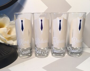 Personalized Shot Glasses with Tuxes, Groomsmen Wedding Glasses, will you be my groomsman, groomsman gifts, wedding party gifts