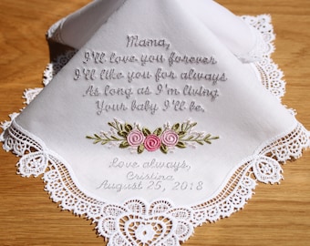 Embroidery Wedding Handkerchief with Claddagh Cluny Lace to Mother of Bride Monogrammed Personalized Custom(18325-1)