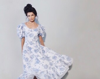 Ashleigh Dress | 1980s Vintage Floral Puff Sleeve Scoop Back Ruffle Hem Tea Length Dress | Size M/L
