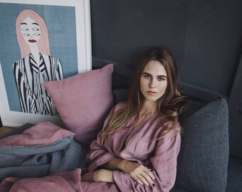 Pink natural certified linen bathrobe with pockets, soft linen robe, linen kimono, long morning gown, dressing gown. Made in Europe