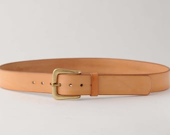 Full grain 4.5mm natural leather belt with solid brass buckle