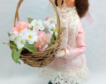 Vintage Byers Choice Handmade Caroling Doll Brown Haired Girl Pink Lace Dress Holding Flower Basket