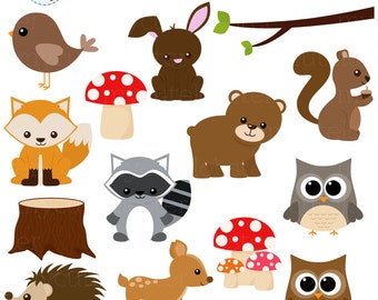 Woodland Clipart Set - clip art set of woodland animals, trees, mushrooms - personal use, small commercial use, instant download