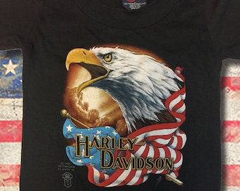 Kids 1986 Harley Davidson 50/50 Small-8 Black Super Rare hard to find Vintage T-Shirt. NOS Super Soft 3D Emblem design. 30 year old find.