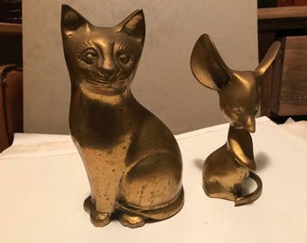 Two Vintage Brass Figurines -Cat & Mouse