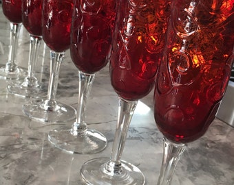 Embossed Red "Pidgeon Blood" like, Bell Shaped Champagne Flutes, Set of Six
