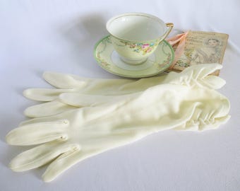 Vintage Gloves, Long Gloves, Evening Gloves, Wedding Gloves, Gathered, Elegant, Costume, Off White, White, Formal