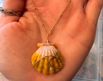 Ocean Wave Wire Wrapped Sunrise Shell Necklace; 14k Gold Filled