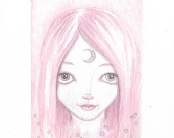 Miniature original watercolour painting ~ pink haired moon goddess, big eye, lowbrow art