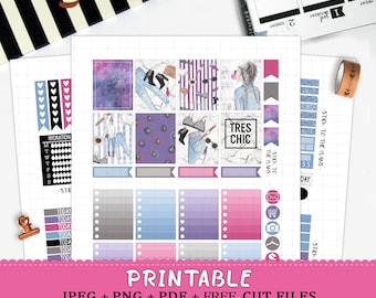 Girl boss printable planner stickers for Erin Condren LifePlannerTM purple pink fashion girl jeans glasses blogger marble galaxy cut files