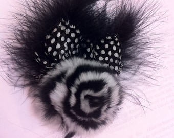Black Marabou Guinea Feathers w/ Rabbit Fur Rosette Fascinator Anywhere Clip w/ Brooch Pin