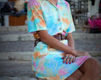 Vintage shirt dress//vintage dress//pastel dress//collar