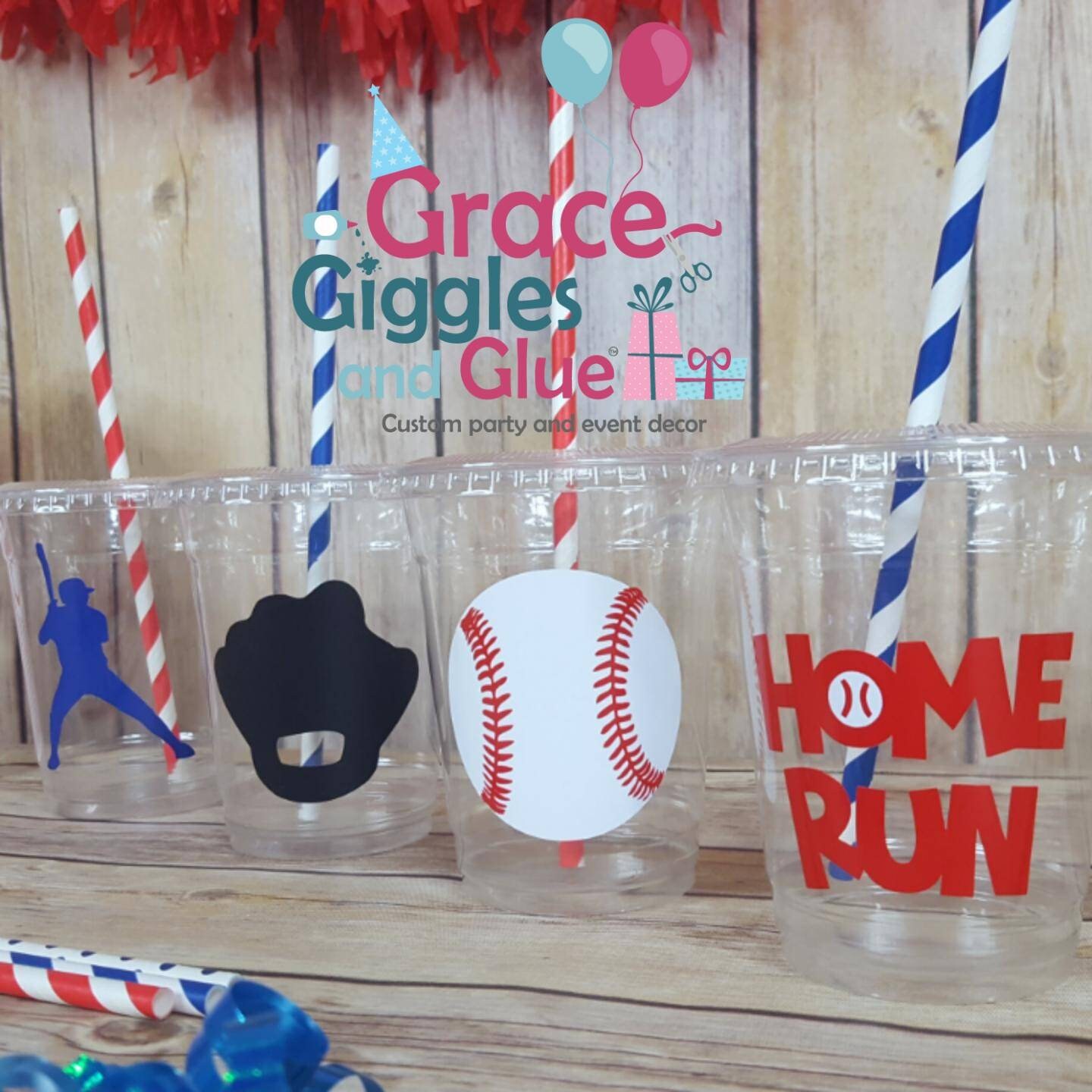 12 Baseball Party Cups w/ Lids and straws