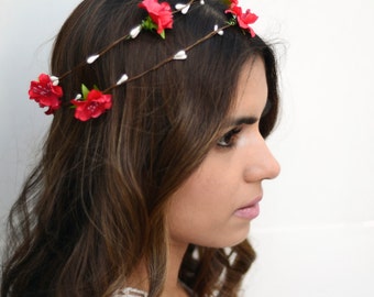 THE NIA - Red Flower Crown Floral Hair Wreath Woodland Rustic Circlet Bride Wedding Romantic Elegant Flower Girl Spring Christmas Crown