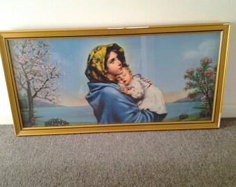 Vintage Large Framed Virgin Mary and Baby Jesus Print