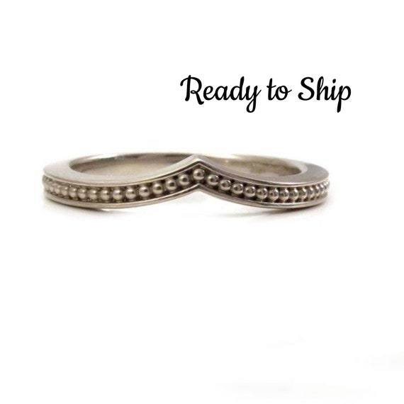 Ready to Ship Size 5 - 7 - Modern Chevron Millgrain Nesting Band Midi Knuckle or Engagement Ring - 14k Palladium White Gold Wedding Band