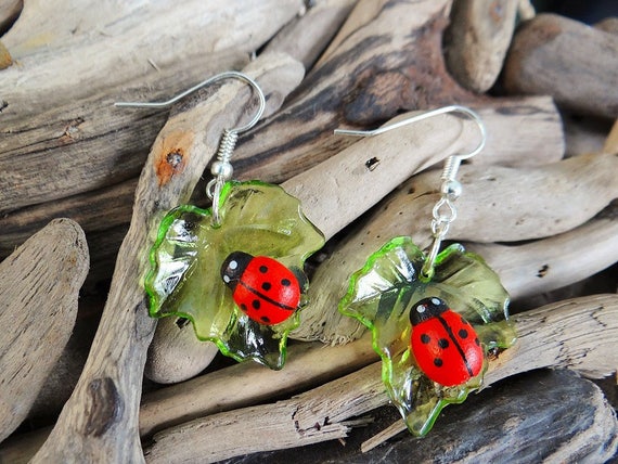 Ladybug Earrings Lady Bug Ladybird Lady Bird Ladybeetle Lady Beetle Leaf Leaves Earring Ear Ring Rings Earings Cute Kawaii