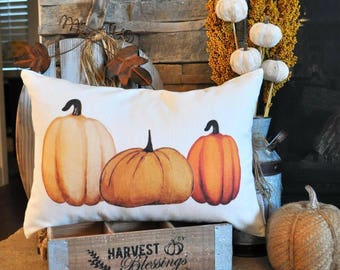 SALE-, Fall Pillow Cover, Pumpkin Patch, Fall Decor, Front porch pillow, 14x20, watercolor pumpkin