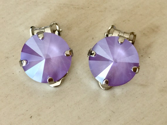 Lilac Lacquer Swarovski Crystal Clip On Earrings, Silver