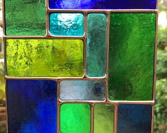 Stained Glass Panel Blue & Green Coloured Copper Abstract Stained Glass Suncatcher Glass Art Panel Stain Glass - CRhodesGlassArt