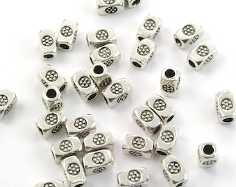 Pewter Beads Hill Tribe Silver Style Large Hole Silver Plated 4x7mm Tapered Square Tubes with Daisies - 30