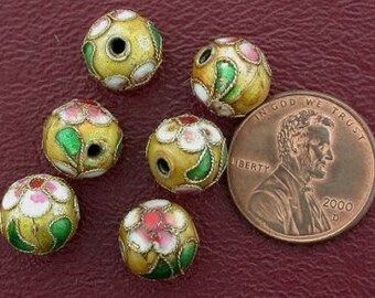 six 10mm floral gold-color yellow cloisonne bead