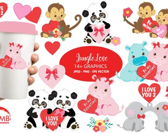 Valentine jungle critters clipart, valentine clipart, Valentine clip art, commercial use, vector, digital clip art, AMB-596