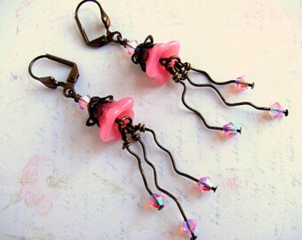 Pink Glass Flower Earrings, Pink Earrings, Swarovski Earrings, Flower Earrings, Vintaj Brass Earrings, Dangle Earrings, Glass Flower Earring