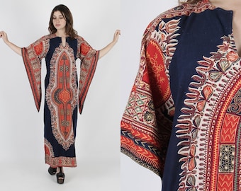 Dashiki Dress Ethnic Dress India Dress 70s Dress Boho Dress Vintage Dress Bohemian Navy Blue Angel Sleeve Festival Caftan Maxi Dress M