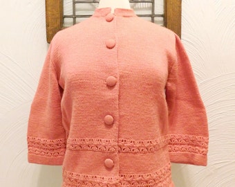 Pink Cardigan Sweater Vintage Pointelle - M