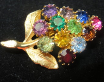 Vintage Many Colored Rhinestone Grape Cluster Brooch Costume Jewelry