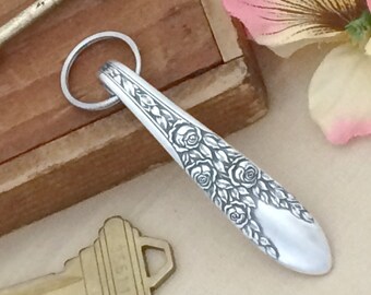 Silver ROSE LEAF Keychain, Upcycled National 1937 Vintage Silverplate Spoon Key Ring Chain Finder