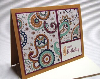 Happy birthday card handmade stamped paisley purple mustard masculine modern flat stationery greeting party paper goods