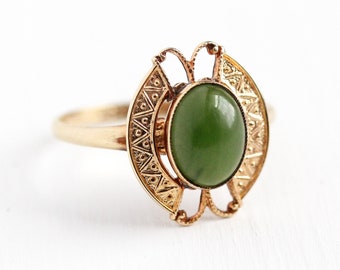 Vintage Jade Ring - 10k Rosy Yellow Gold Oval Green Gem Cabochon - Retro 1960s Size 5 1/2 Modernist Butterfly Design PSCO 60s Fine Jewelry