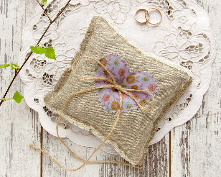 Wedding rustic ring pillow with purple floral heart